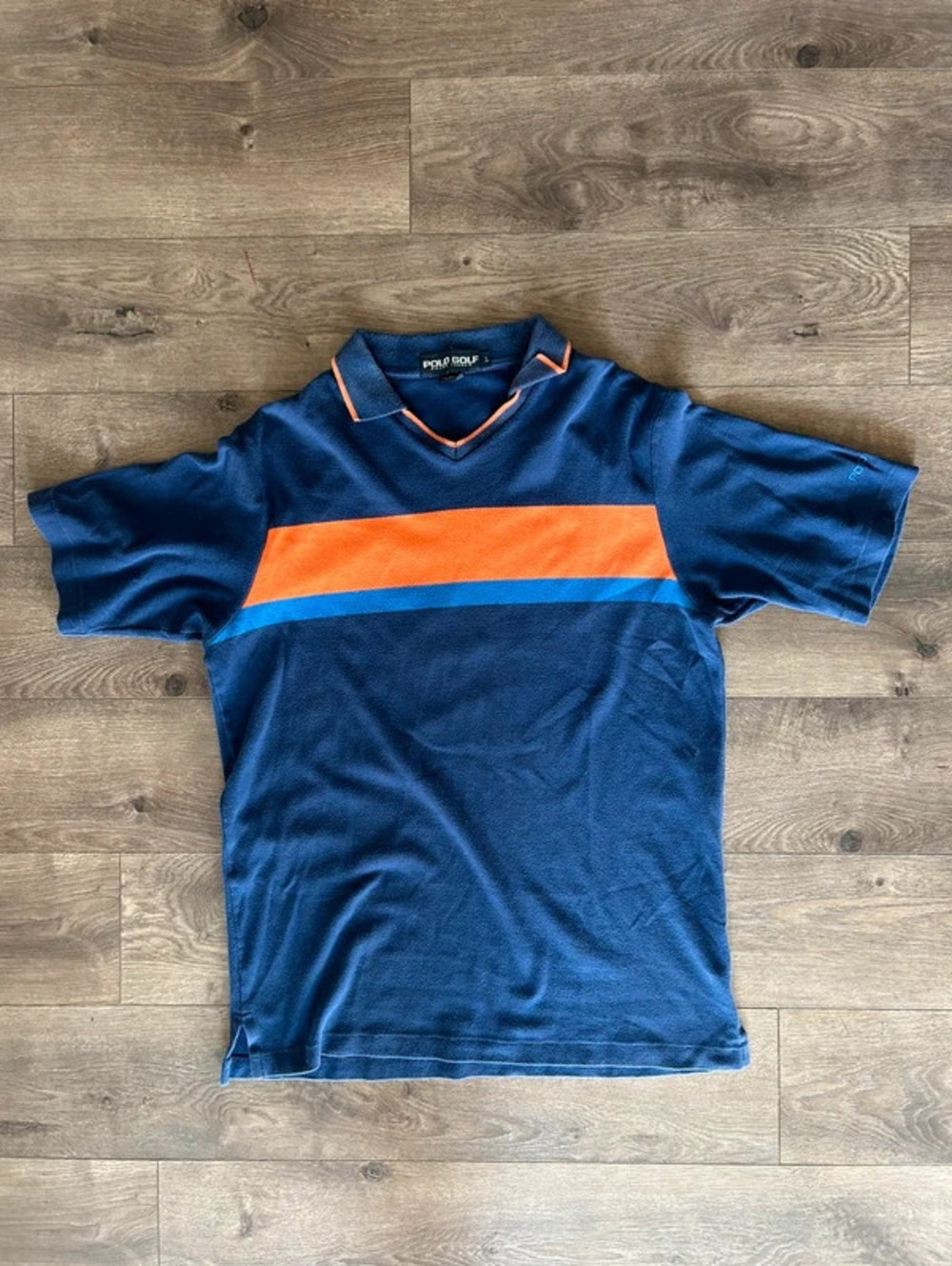 polo golf ralph lauren orange & navy striped polo L